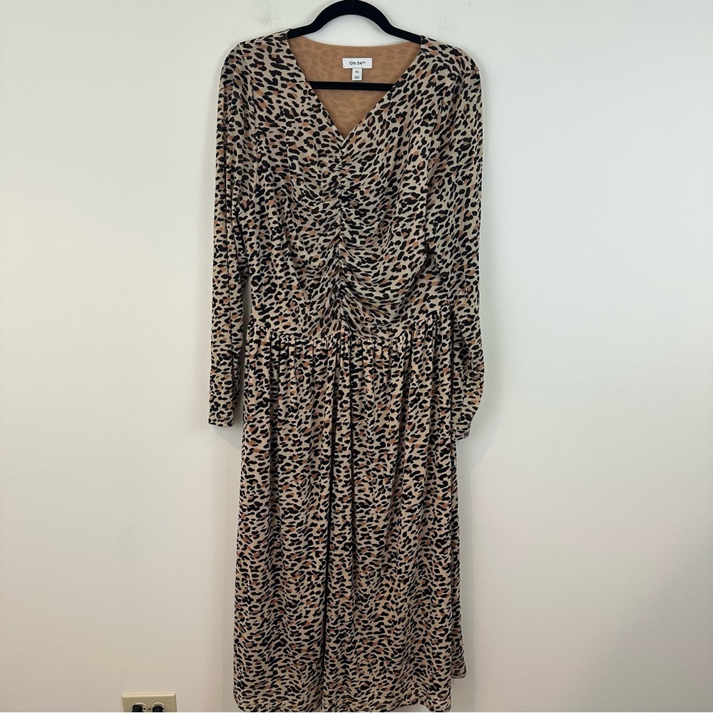 On 34th Tan Leopard Print Long Sleeve Midi Dress Ruched Bodice Size XXL Women's